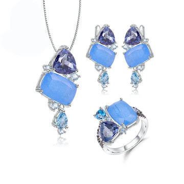 925 Sterling Silver Aqua Blue Chalcedony Jewelry Set – Ring, Earrings & Pendant