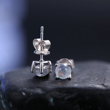 5mm Natural Milky Blue Moonstone Studs Earrings in 925 Sterling Silver