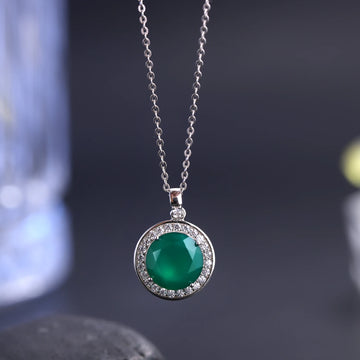 925 Sterling Silver Necklace with 4.79Ct Round Natural Green Agate Pendant