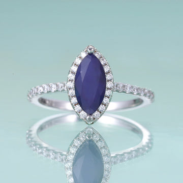 Marquise 5x10mm Blue Sapphire Halo Engagement Ring – 925 Sterling Silver