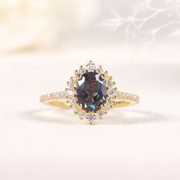 Oval Alexandrite Cluster Halo Ring 925 Sterling Silver Gold Plated
